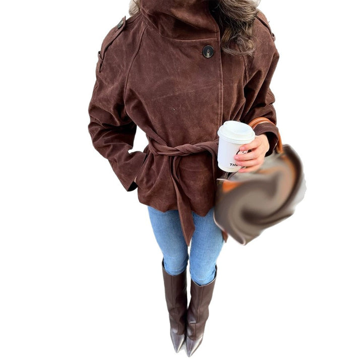 Damen Kurzjacke aus Veloursleder mit hohem Stehkragen und Bindegürtel Drune