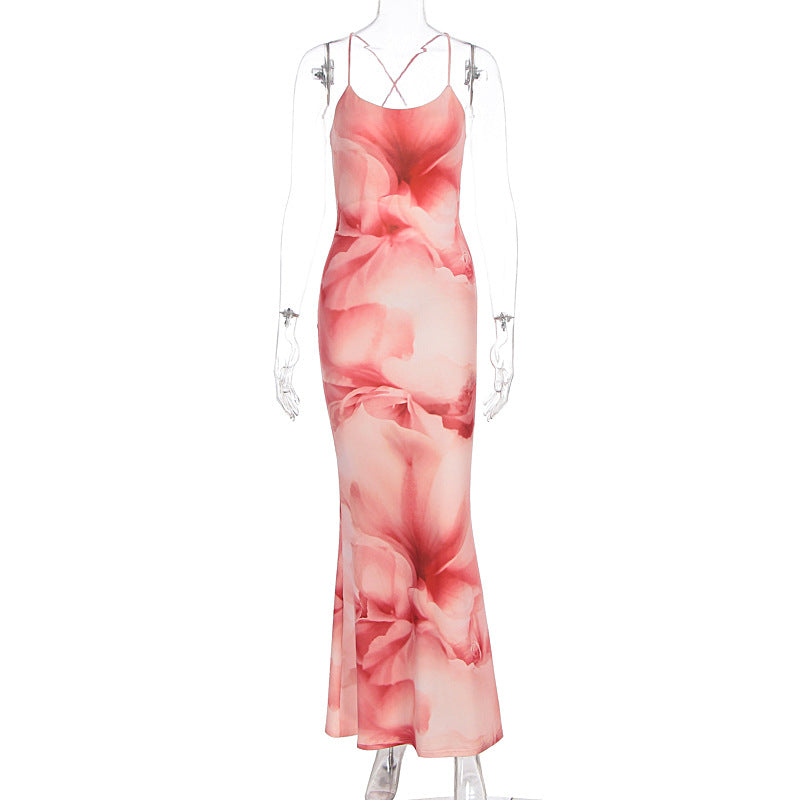 Damen langes Kleid mit floralem Design und Spaghettiträgern Drune