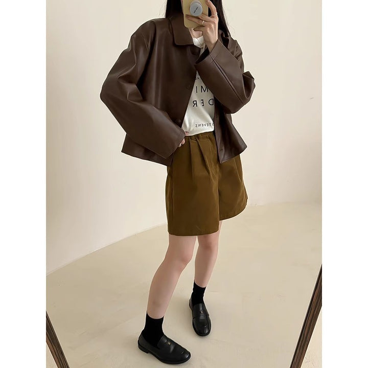 Damen Boxy‑Kunstleder‑Hemdjacke mit verdeckter Knopfleiste und überschnittenen Schultern Drune