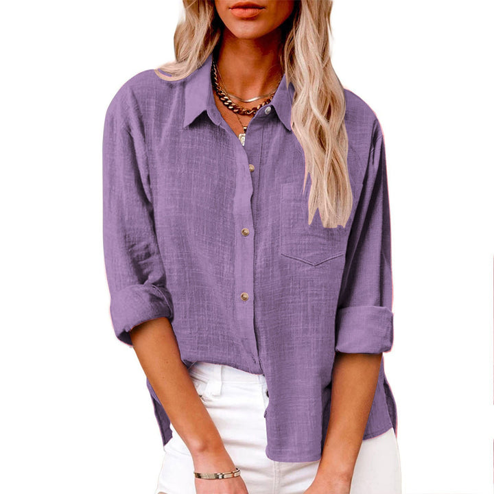 Damen nan oversized Leinen-Baumwollmix Hemdbluse mit Brusttasche und krempelbaren Ärmeln Drune
