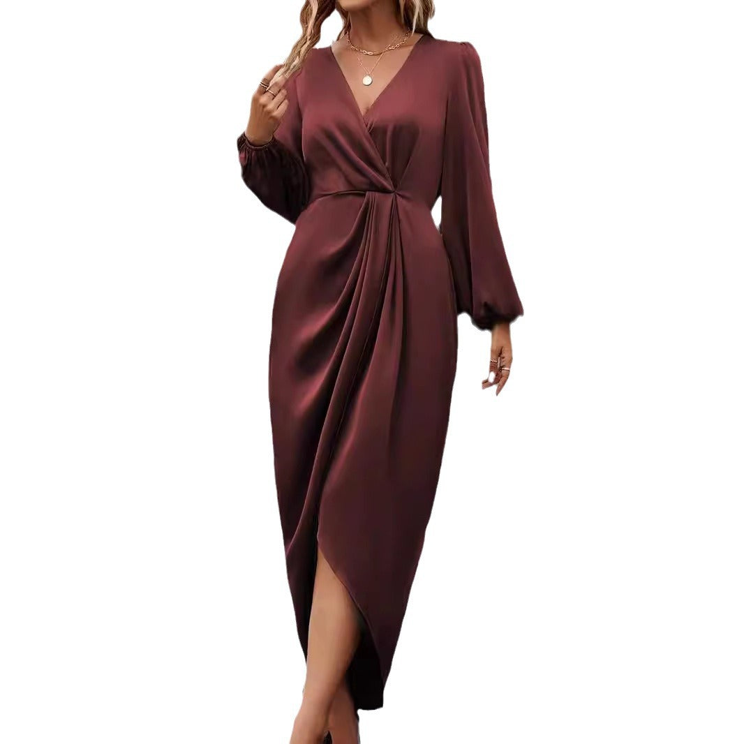 Damen nan tailliertes Drapé-Midikleid mit V-Ausschnitt Raffung Ballonärmeln und seitlichem Wickelschlitz Drune