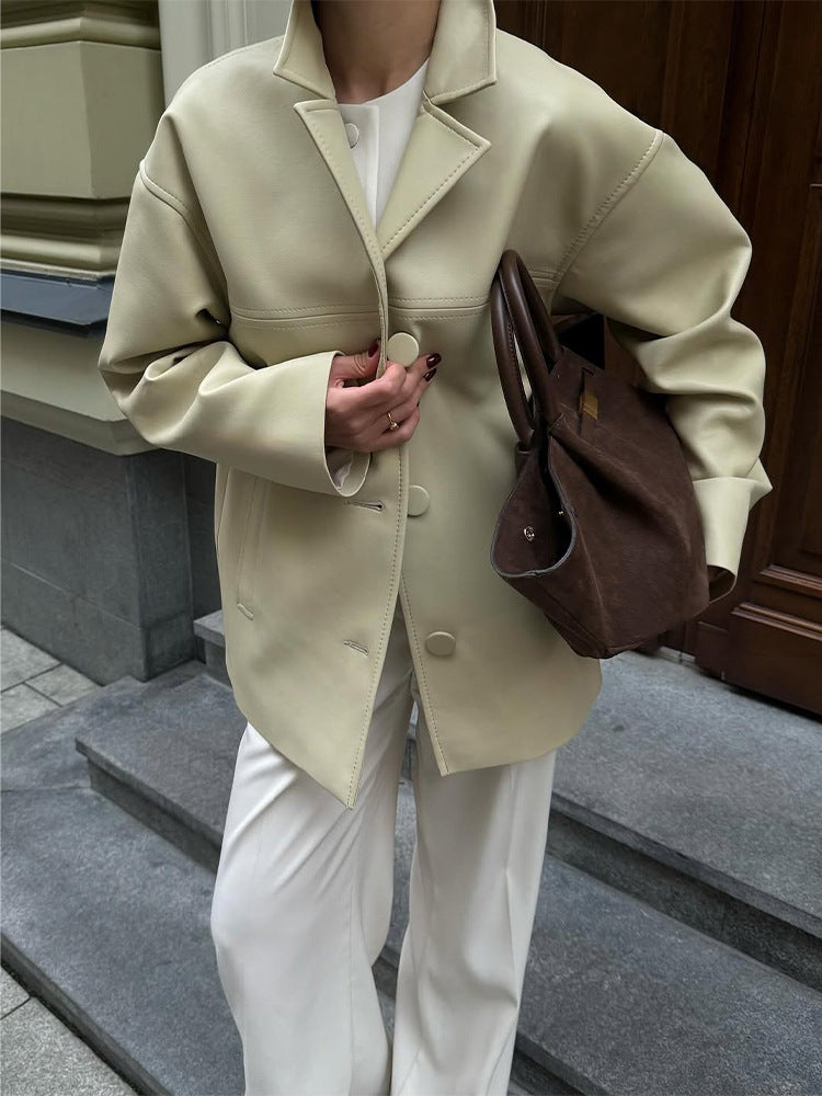 Damen Boxy Oversize Blazerjacke aus veganem Lederimitat mit überschnittener Schulter Drune
