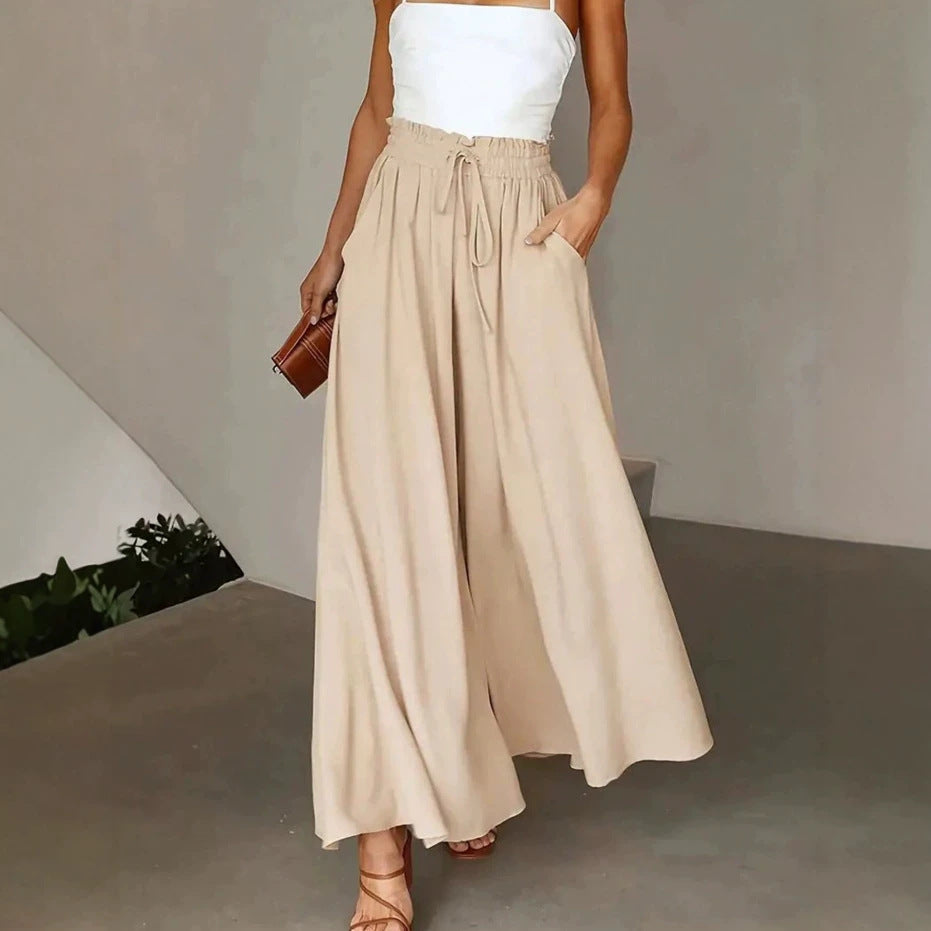 Damen Weite Maxipalazzo-Hose mit Paperbag-Bund, Kordelzug und Seitentaschen Drune