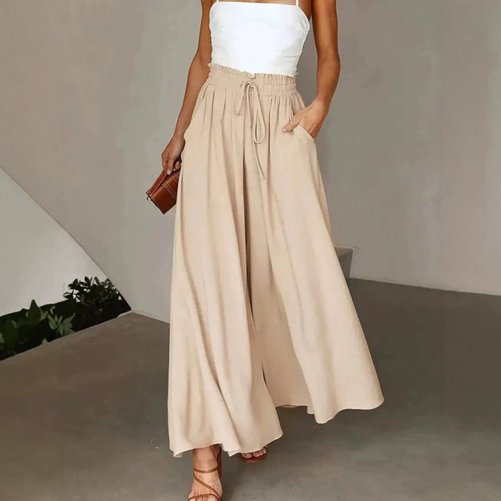 Damen Weite Maxipalazzo-Hose mit Paperbag-Bund, Kordelzug und Seitentaschen Drune