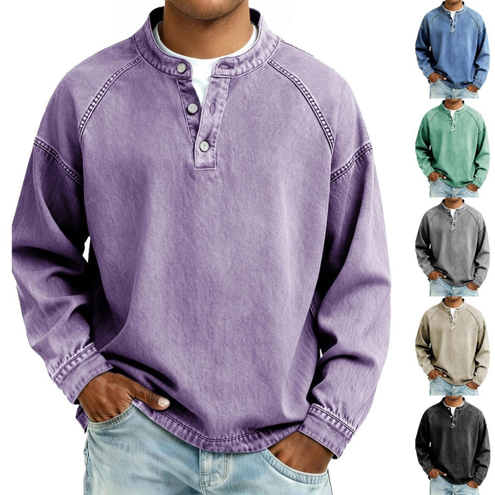 Herren Langarm-Henley Sweatshirt mit Stehkragen und Vintage-Denim-Effekt Drune