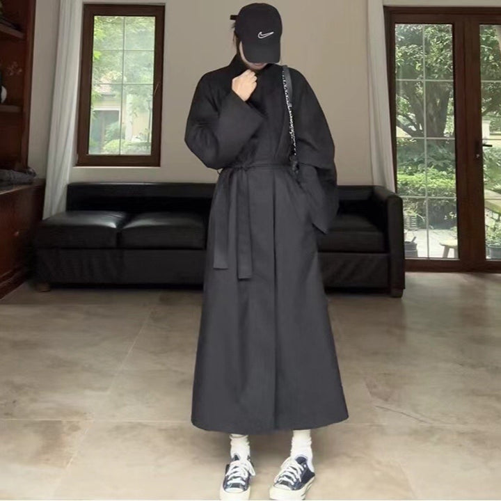 Damen Langer Mantel im Kimono-Stil mit Bindegürtel und weiter A-Linie Drune