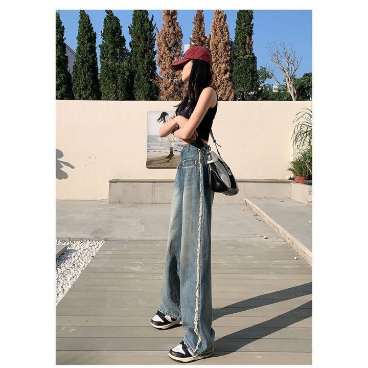 Damen Weit geschnittene Denim-Jeans mit Fransen und hohen Beinen Drune