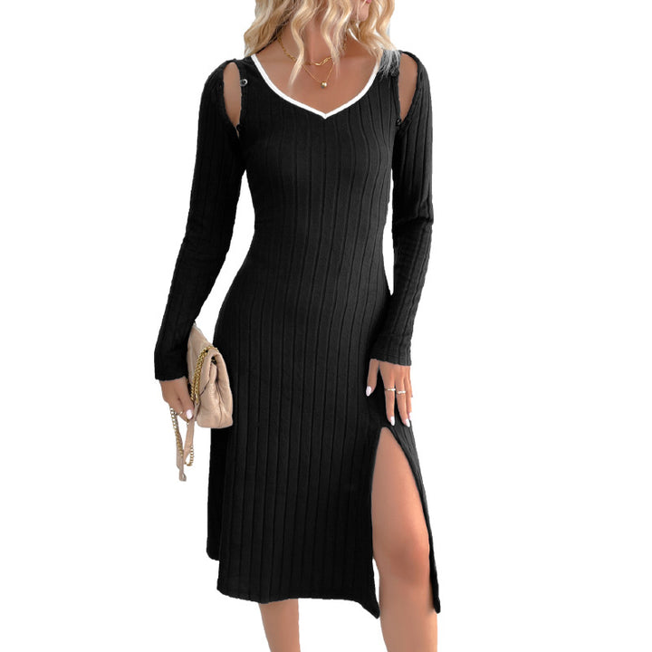 Damen Geripptes Strick-Midikleid mit V-Ausschnitt, figurbetonter Silhouette und seitlichem Schlitz Drune