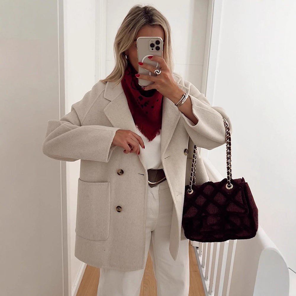 Damen Boxy-Wollmix-Cocoon-Jacke mit doppelreihiger Knopfleiste und weitem Revers Drune