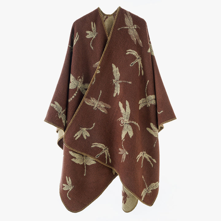 Damen Reversibler Cape-Poncho mit Libellen-Jacquard und feinem Saum Drune