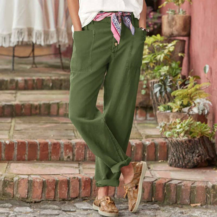 Damen nan Leinen-Baumwoll-Loungehose mit weitem Schnitt, hoher Bund und aufgesetzten Taschen Drune