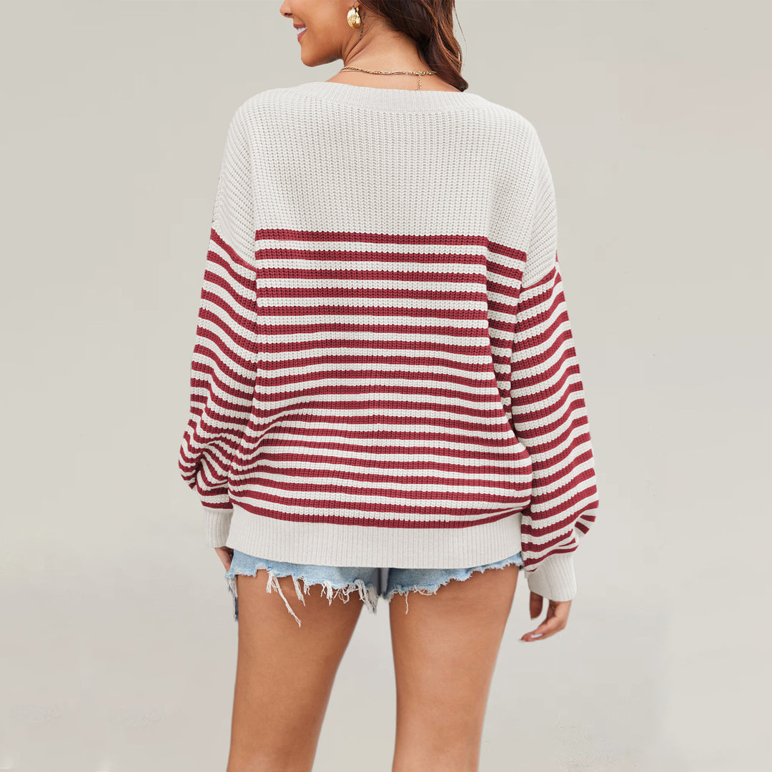 Damen lässiger Pullover mit trendy Streifenmuster und weiten Ärmeln Drune