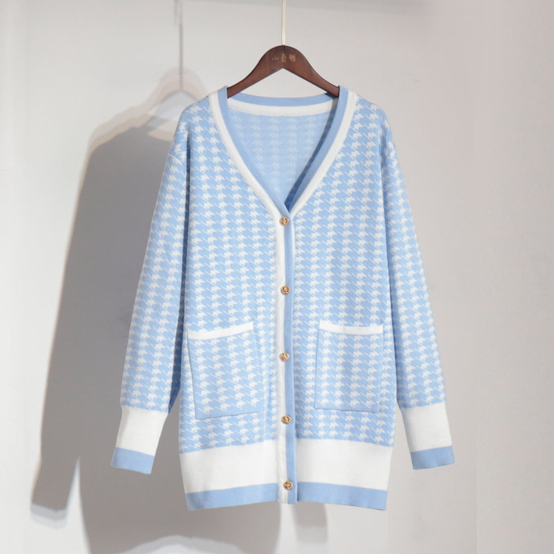 Damen Strickcardigan mit klassischem Hahnentritt-Muster und Knopfleiste Drune