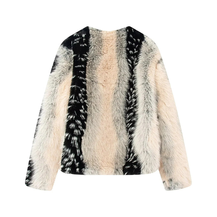 Damen nan kurze Kunstfelljacke mit Patchwork-Felloptik, kastigem Cropped-Schnitt und weichem Innenfutter Drune