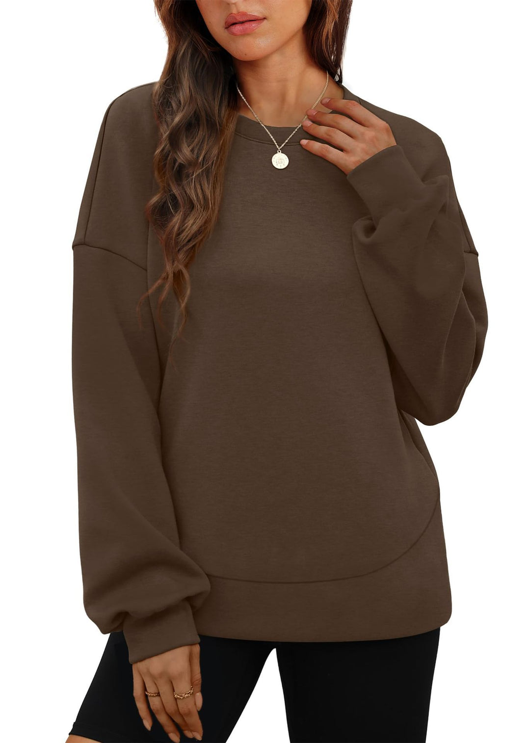 Damen nan lässiges Oversize Rundhals-Sweatshirt mit überschnittener Schulter gerundetem Saum und weichem Innenfutter Drune