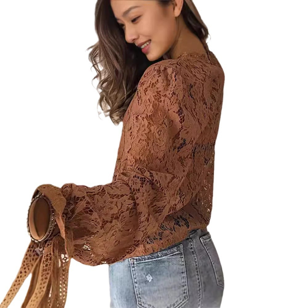 Damen Spitzenoberteil mit elegantem Blumenmuster und langen Ärmeln Drune