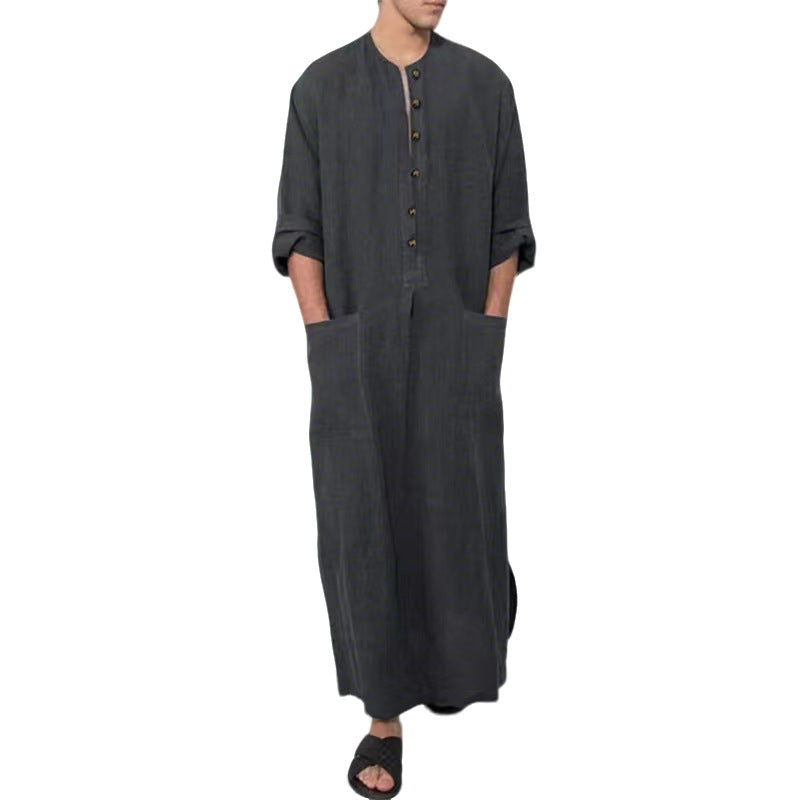 Herren nan weites langes Tunika-Kaftan aus atmungsaktivem Leinen mit Stehkragen Knopfblende und aufgesetzten Taschen Drune