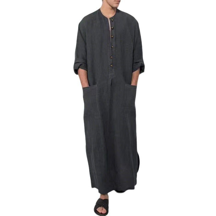 Herren nan weites langes Tunika-Kaftan aus atmungsaktivem Leinen mit Stehkragen Knopfblende und aufgesetzten Taschen Drune