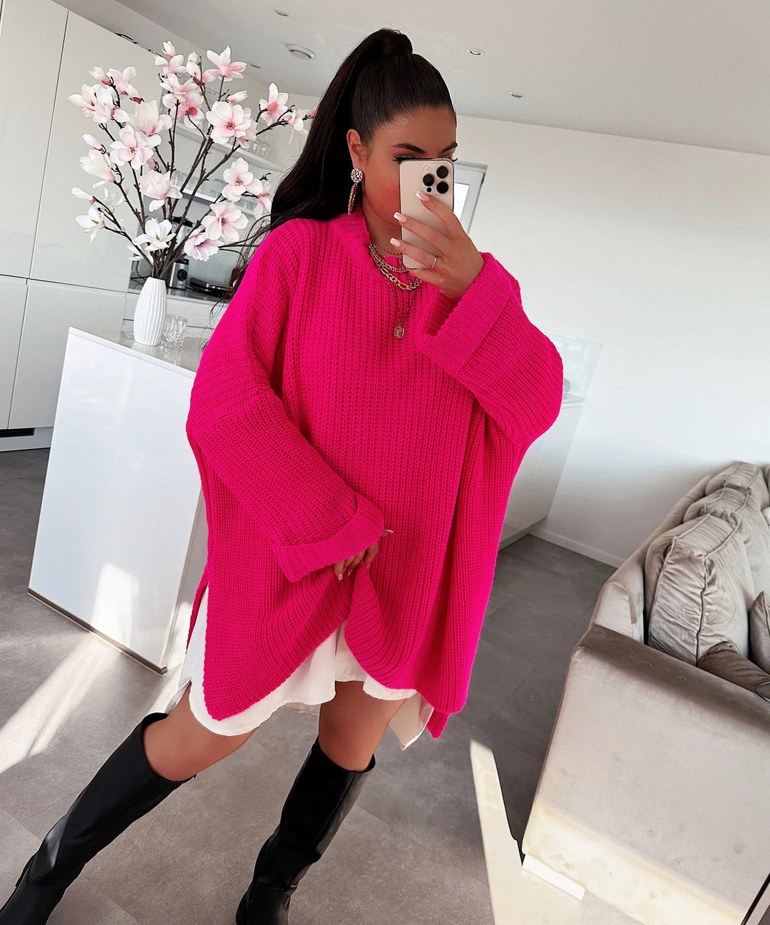 Damen Oversized Strickpullover mit lässigem Schnitt und weit geschnittenen Ärmeln Drune