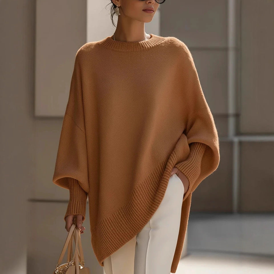 Damen nan Oversize Strickponcho mit asymmetrischem Saum und gerippten Ärmeln Drune