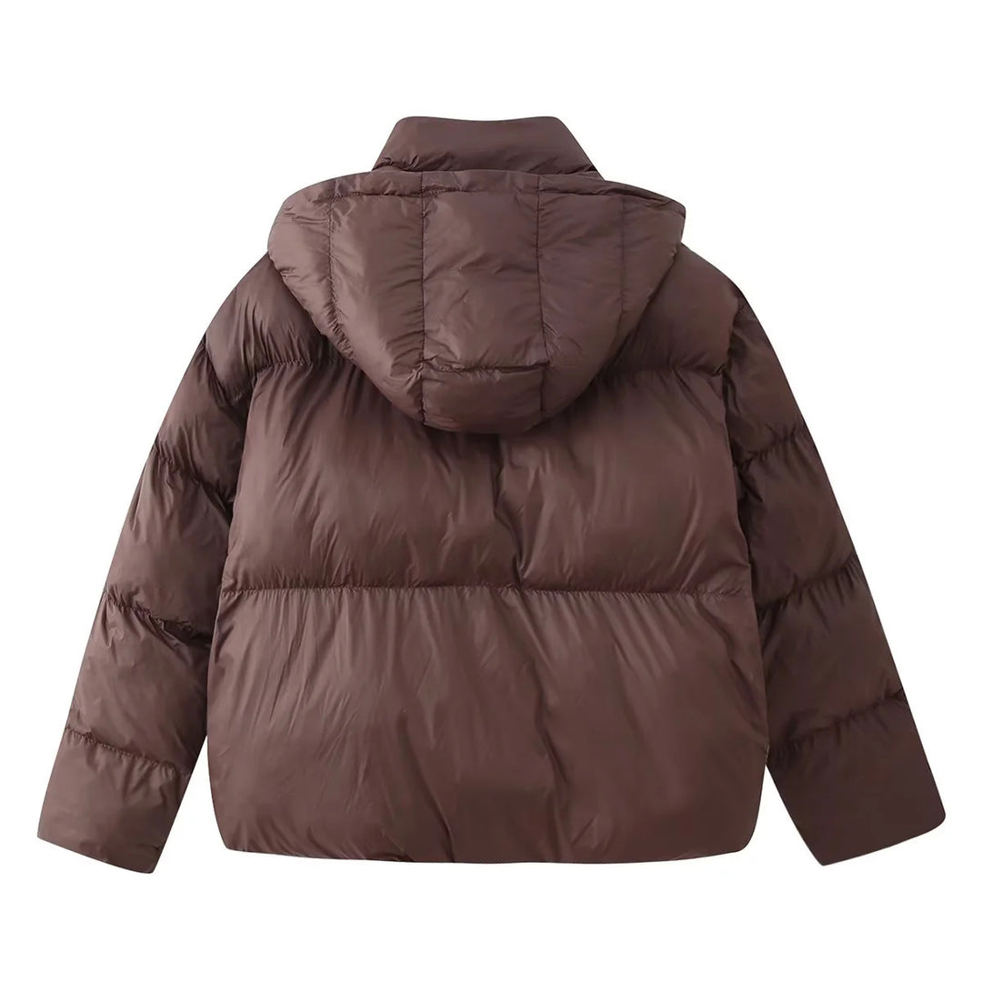 Damen nan kurze wattierte Steppjacke mit großer abnehmbarer Kapuze, Kinnschutz und verdeckter Reißverschluss Drune