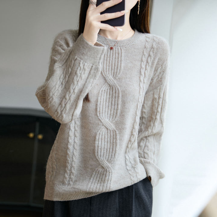 Damen Strickpullover mit einzigartigem Zopfmuster und Rundhalsausschnitt Drune