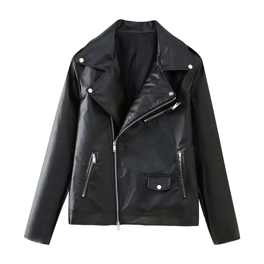 Damen nan taillierte Kunstleder-Bikerjacke mit asymmetrischem Reißverschluss, breitem Revers und Zier-Tasche Drune