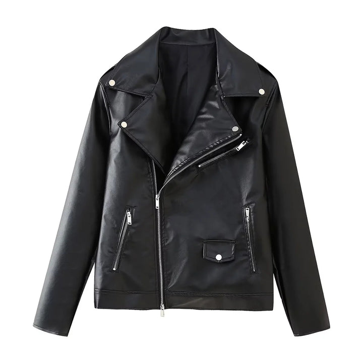 Damen nan taillierte Kunstleder-Bikerjacke mit asymmetrischem Reißverschluss, breitem Revers und Zier-Tasche Drune