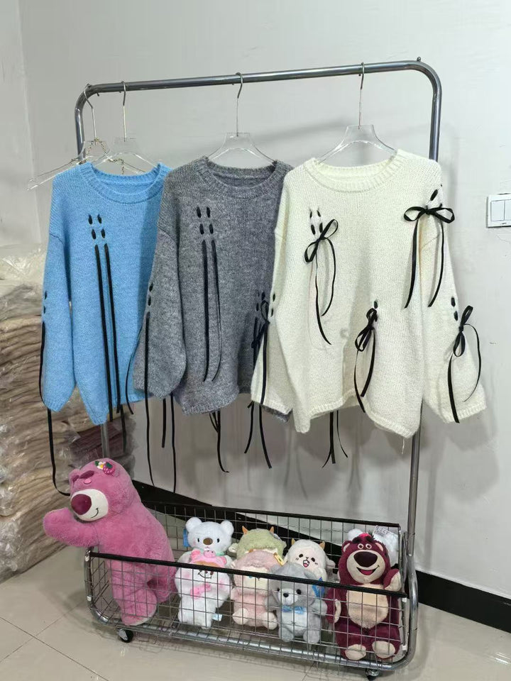 Damen kuscheliger Strickpullover mit eleganten Schleifenachsen Drune
