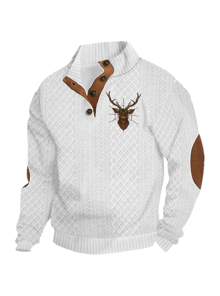 Herren nan Heritage-Strukturpullover mit Stehkragen Lederimitat-Besatz Ellenbogen-Patches und Halbknopfleiste Drune