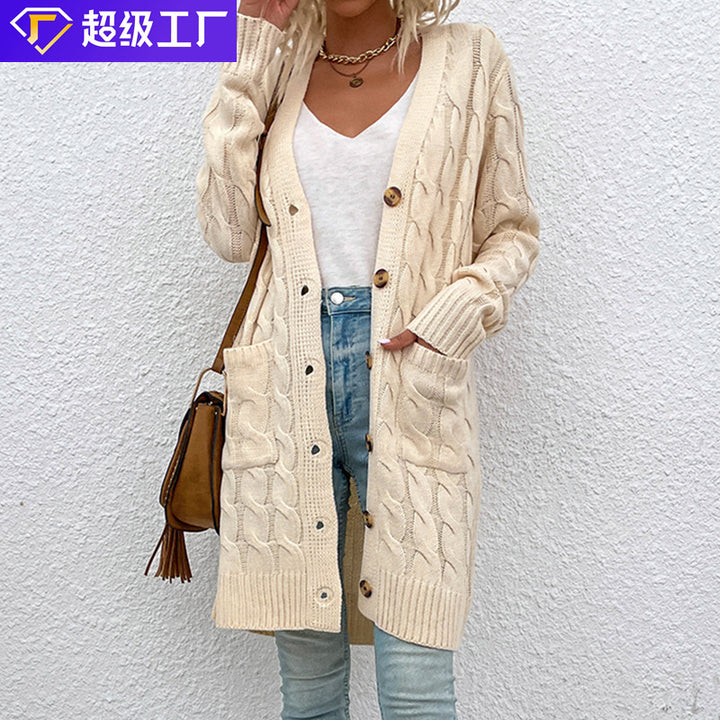 Damen Lange gestrickte Strickjacke mit Kabelmuster Drune