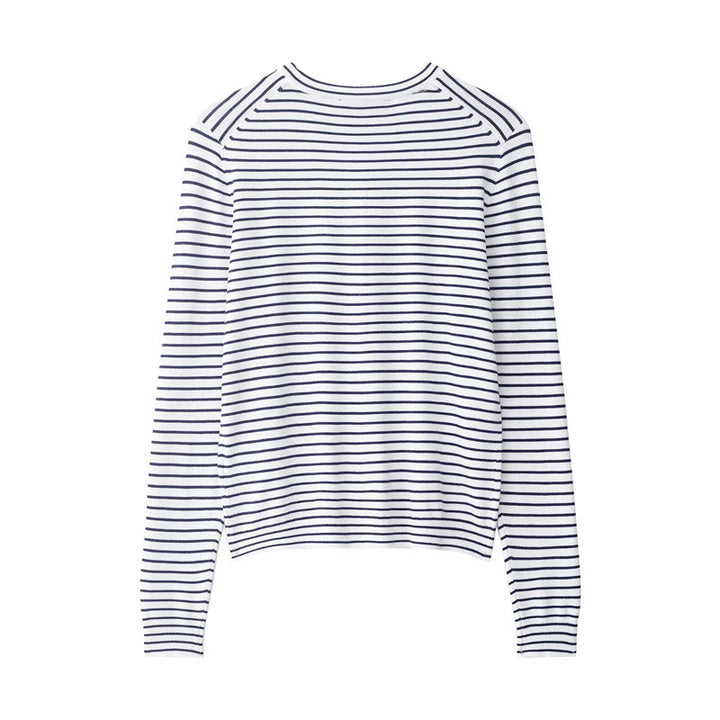 Damen Feinstrick-Cardigan mit maritimem Streifenmuster, Rundhalsausschnitt und Perlmuttknopfleiste Drune