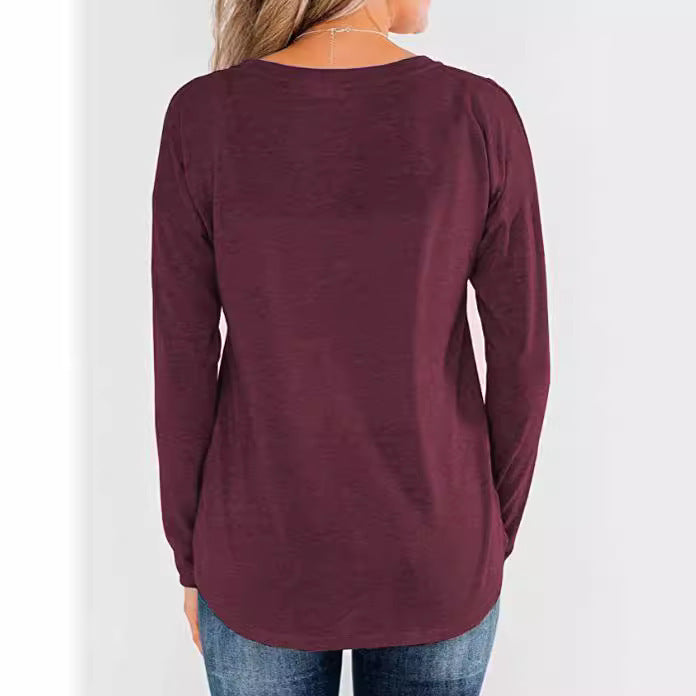 Damen modisches Langarm-Henley-Shirt mit Knopfleiste Drune