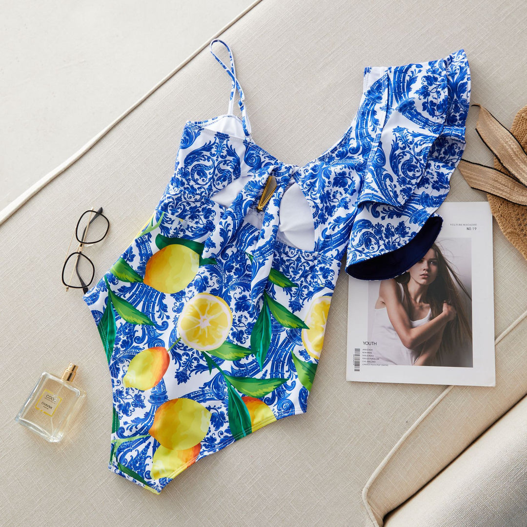 Damen Einteiliger Badeanzug mit verspieltem Zitronenmuster und eleganten Rüschendetails Drune