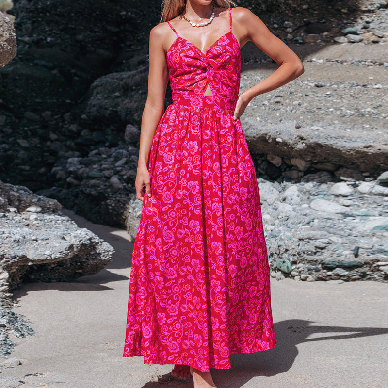 Damen Maxikleid mit raffiniertem Knotendetail und floralen Designelementen Drune