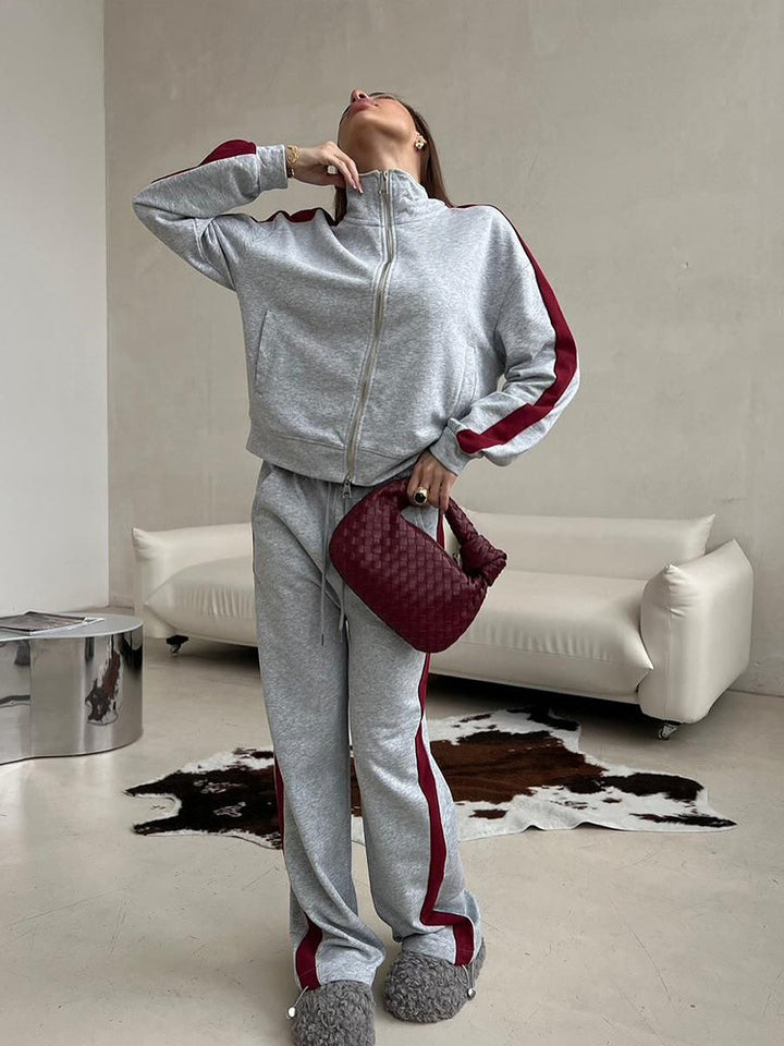 Damen weites Zip-Sweatset mit Kapuze, hohen Bund und seitlichem Kontraststreifen Drune