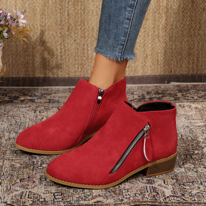Damen Moderne Kurzschaft-Stiefelette mit sichtbarem Metallreißverschluss und niedriger Holzoptik-Blocksohle Drune