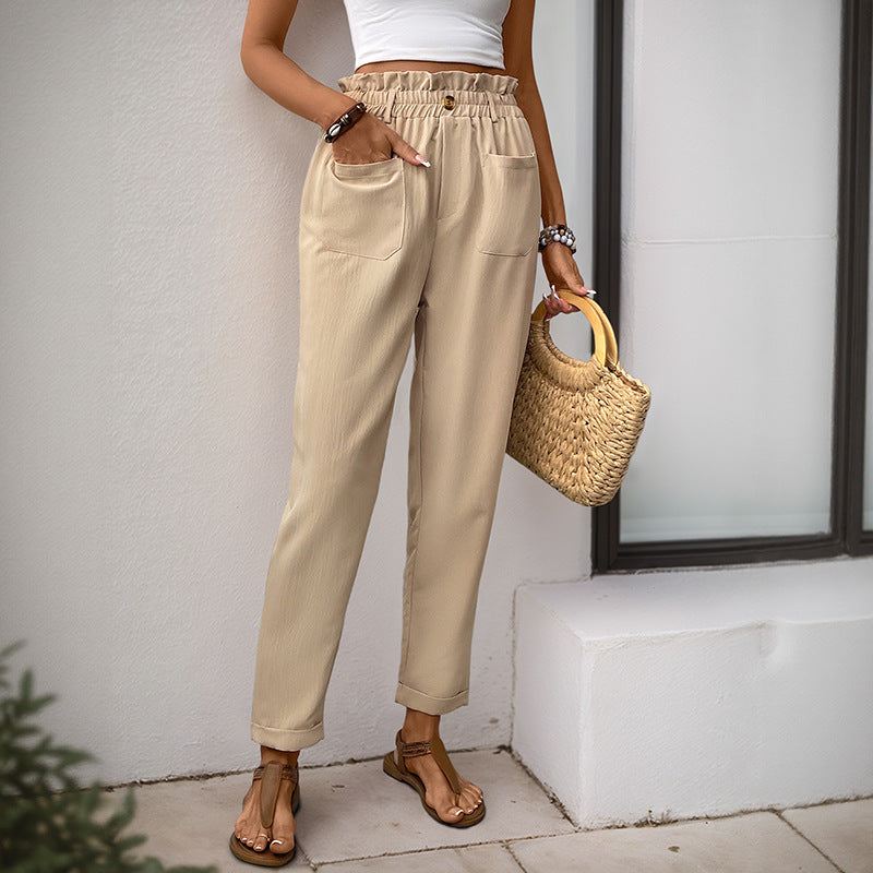 Damen Hochtaillierte Paperbag-Hose mit elastischem Bund, aufgesetzten Taschen & konischem Bein Drune