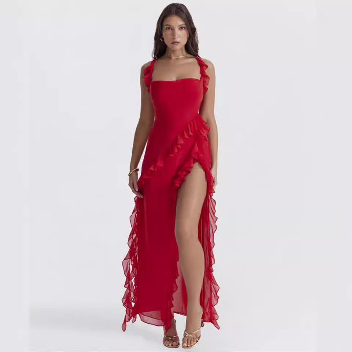 Damen nan langes Abendkleid mit quadratischem Ausschnitt, Schulter-Rüschenträgern und hoher Beinschlitze Drune