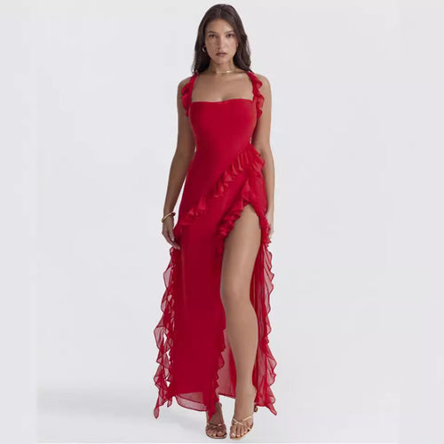 Damen nan langes Abendkleid mit quadratischem Ausschnitt, Schulter-Rüschenträgern und hoher Beinschlitze Drune
