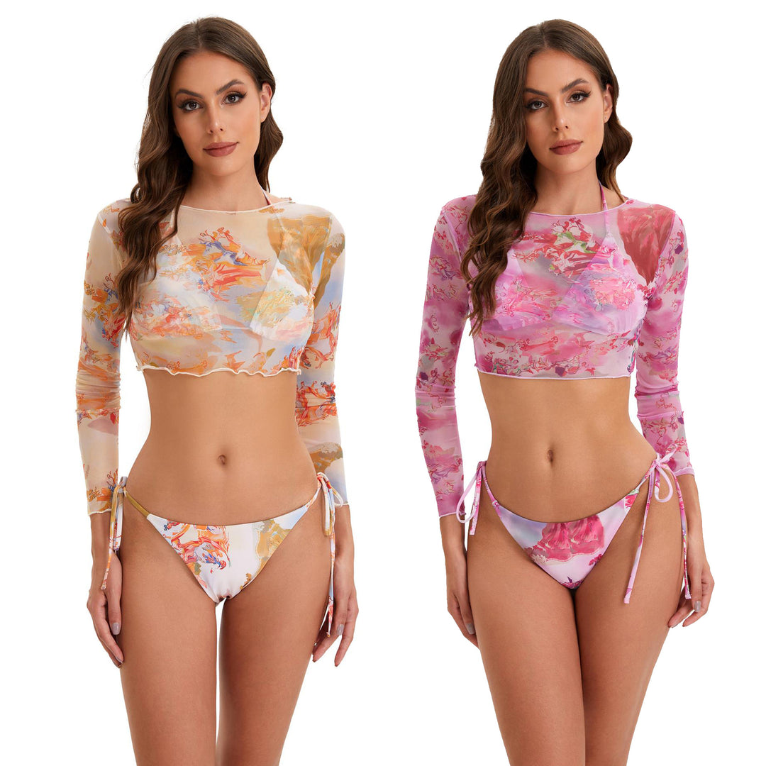 Damen Bikini-Set mit langärmeligem Crop-Top und floralem Design Drune