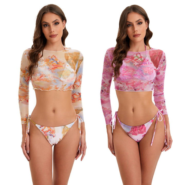 Damen Bikini-Set mit langärmeligem Crop-Top und floralem Design Drune