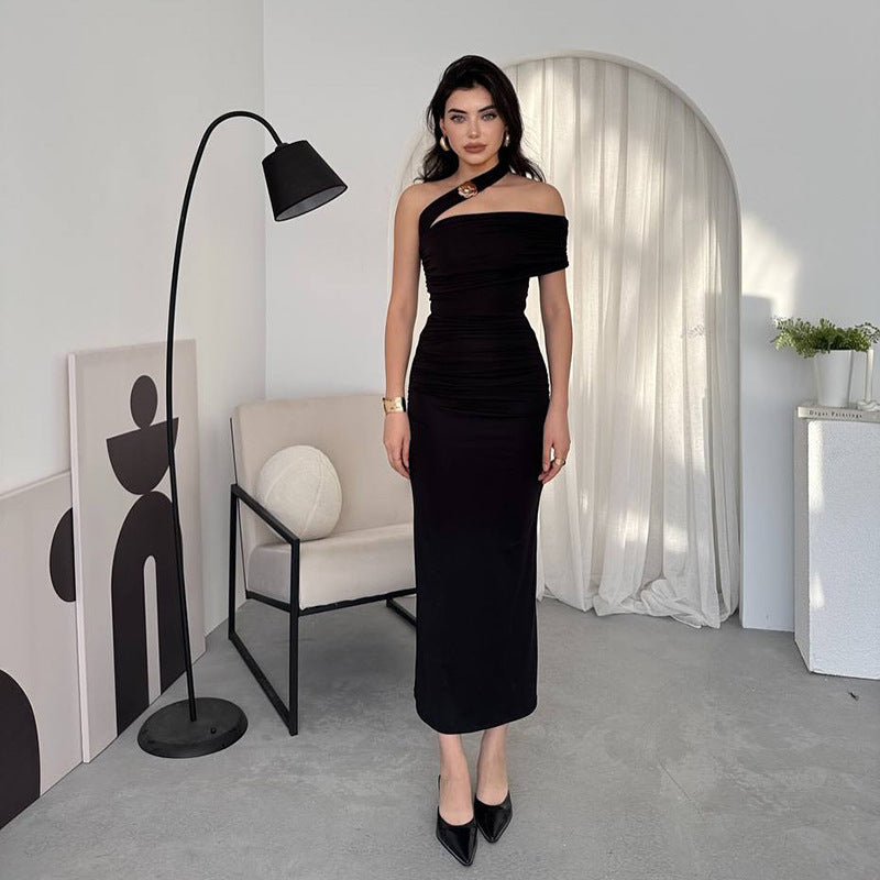 Damen Elegantes Rüschen-Maxikleid mit asymmetrischem Träger Drune