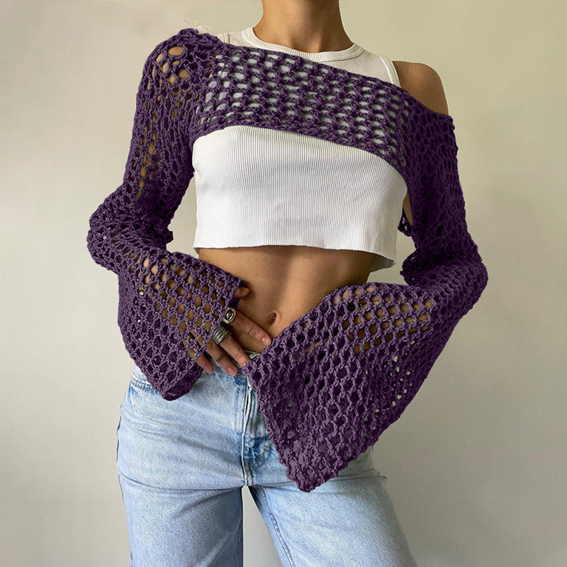 Damen gehäkeltes Langarm-Top mit Off-Shoulder-Design Drune