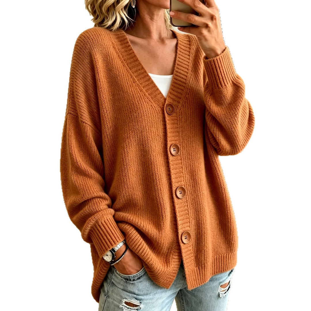 Damen Lockerer Longline-Cardigan mit tiefem V-Ausschnitt und Holzknöpfen Drune
