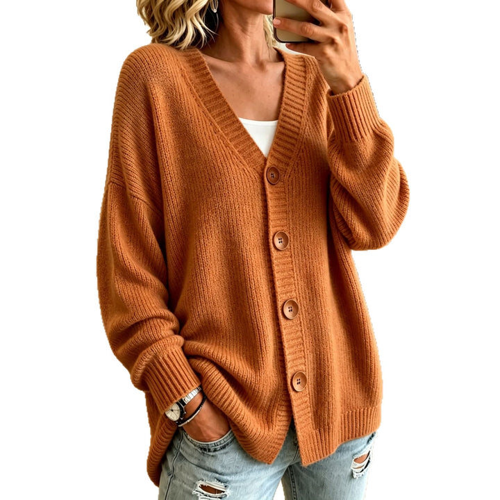 Damen Lockerer Longline-Cardigan mit tiefem V-Ausschnitt und Holzknöpfen Drune