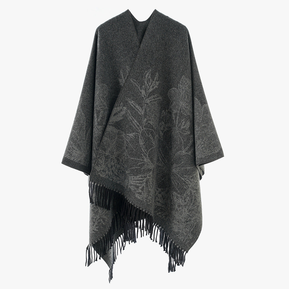 Damen V‑Ausschnitt Cape‑Poncho mit floralem Jacquard und Fransensaum Drune