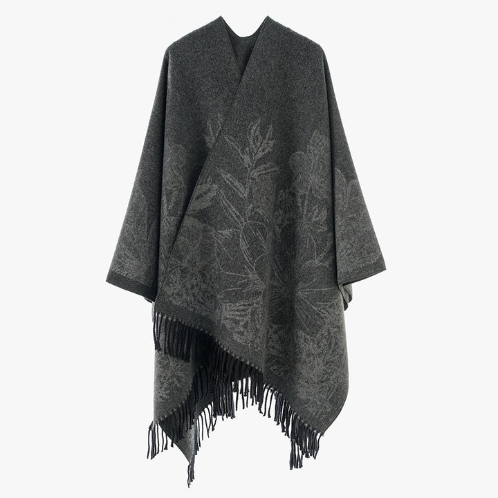 Damen V‑Ausschnitt Cape‑Poncho mit floralem Jacquard und Fransensaum Drune