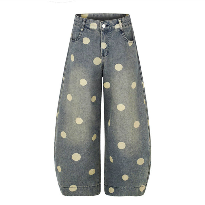 Damen Weite Jeans-Culotte im Palazzo-Stil mit hohem Bund und Punktmuster Drune