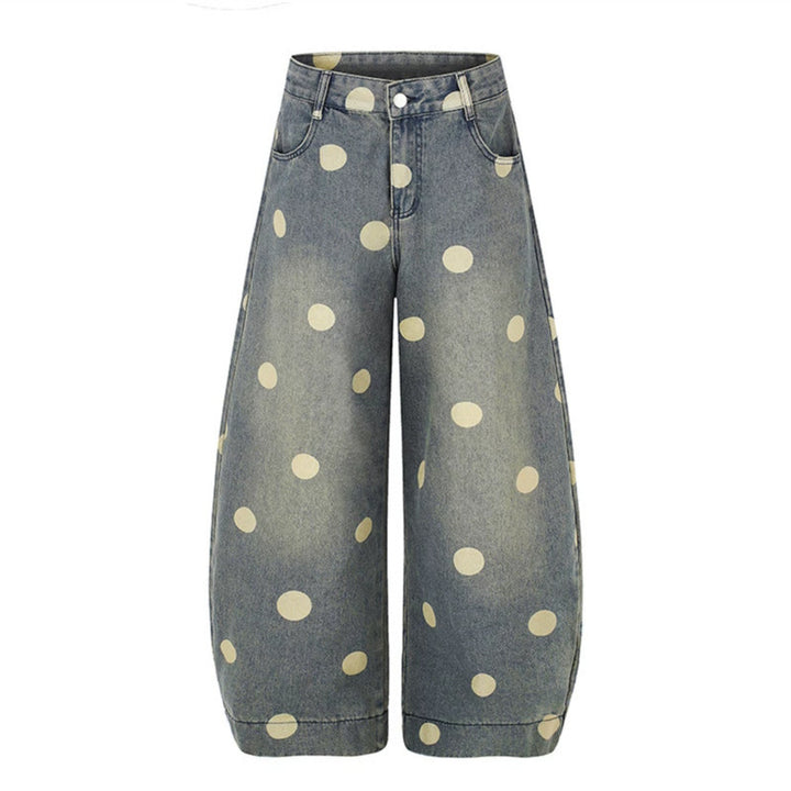 Damen Weite Jeans-Culotte im Palazzo-Stil mit hohem Bund und Punktmuster Drune